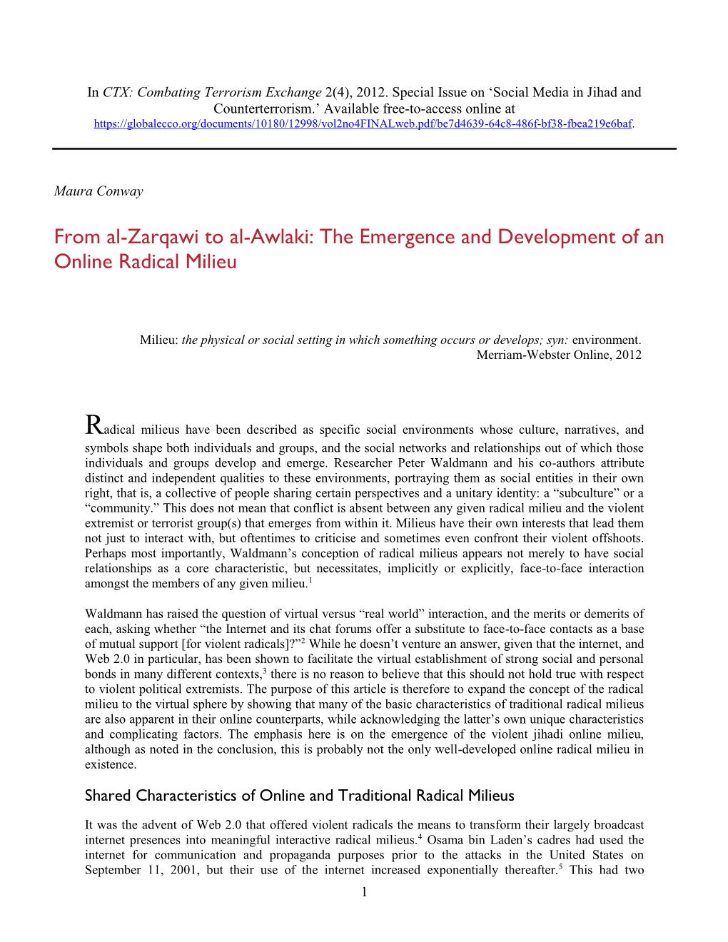 From Al-Zarqawi to Al-Awlaki: the Emergence and Development of an Online Radical Milieu