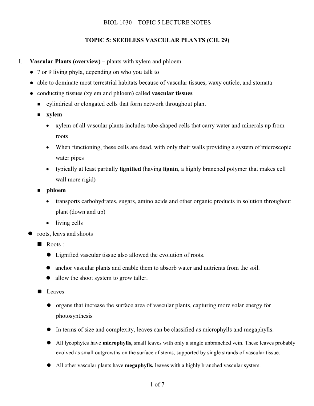 Topic 5: Seedless Vascular Plants (Ch. 29)