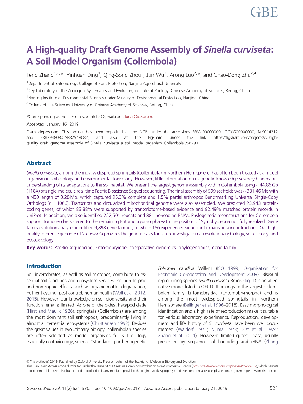 A High-Quality Draft Genome Assembly of Sinella Curviseta: a Soil Model Organism (Collembola)