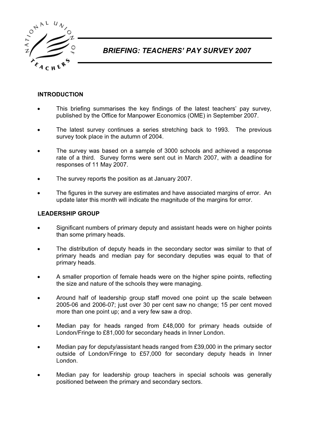 Briefing: Teachers Pay Survey 2007