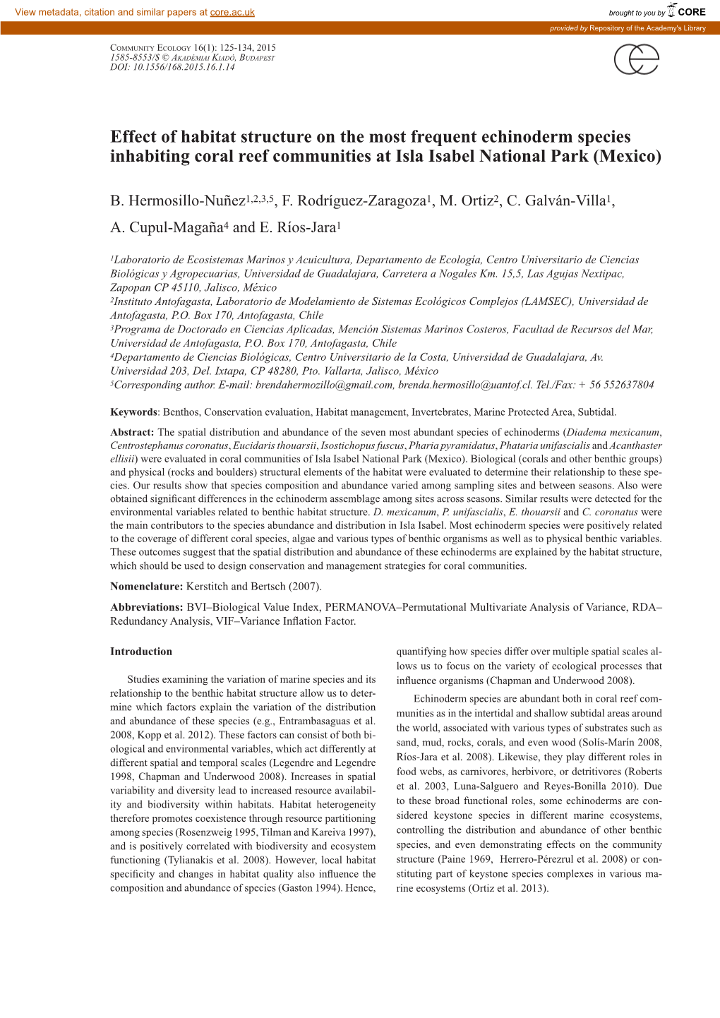 Effect of Habitat Structure on the Most Frequent Echinoderm Species Inhabiting Coral Reef Communities at Isla Isabel National Park (Mexico)