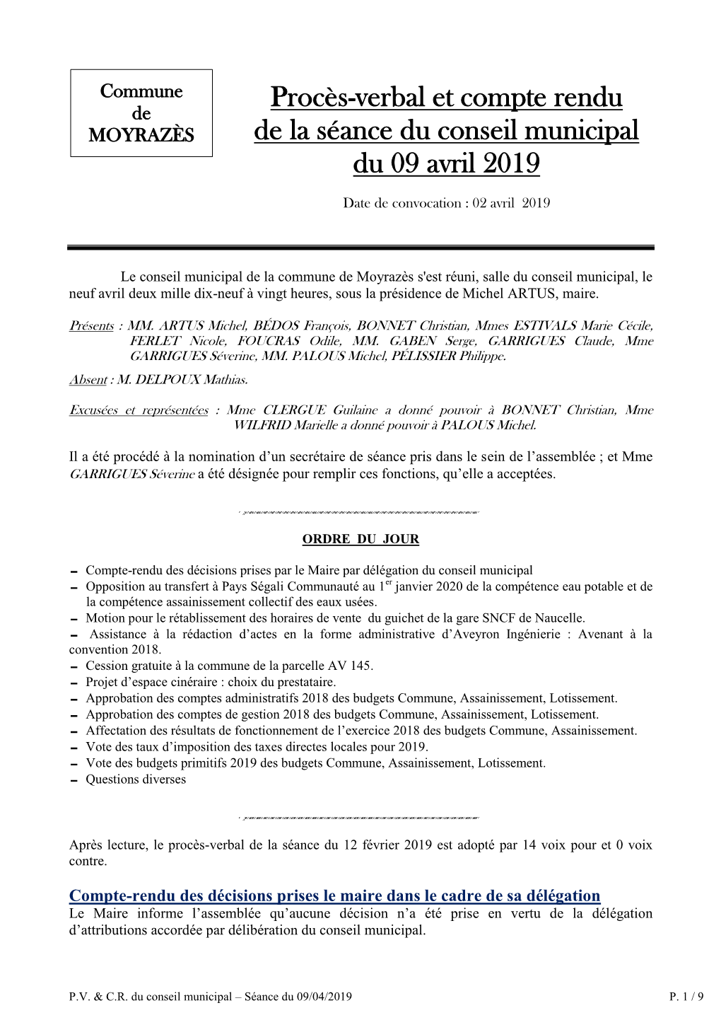Procès-Verbal Et Compte Rendu De La Séance Du Conseil Municipal Du 09