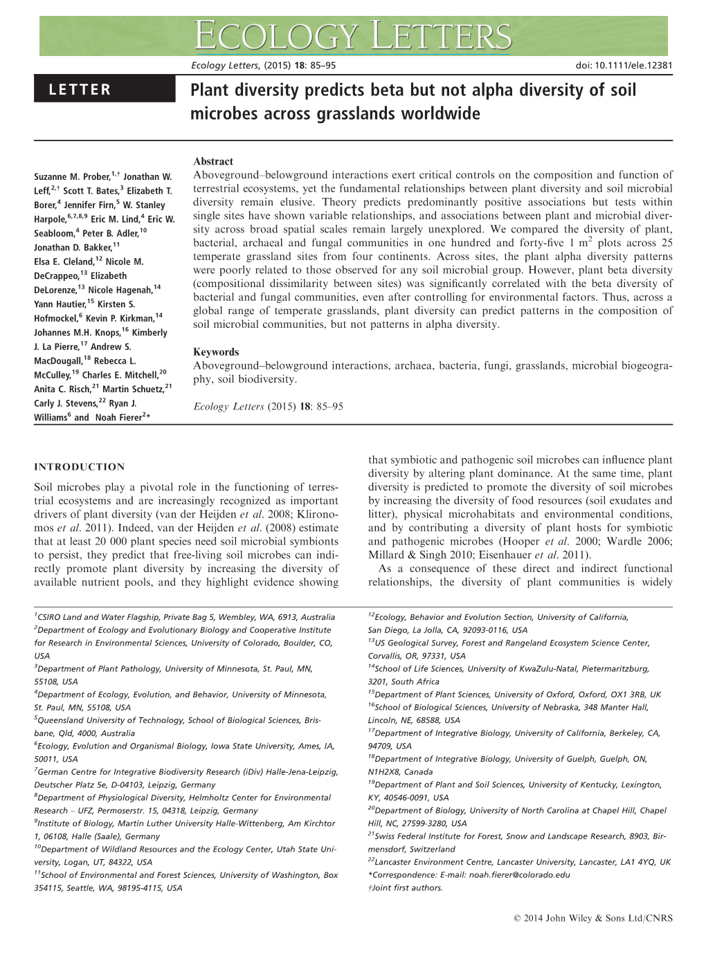 Plant Diversity Predicts Beta but Not Alpha Diversity of Soil Microbes Across Grasslands Worldwide