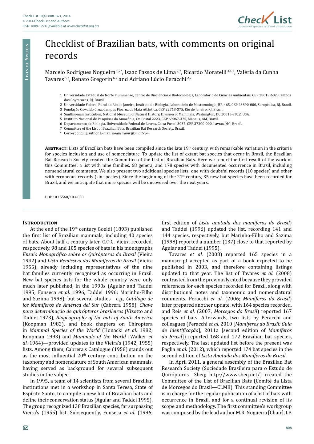 Chec List Checklist of Brazilian Bats, with Comments on Original Records