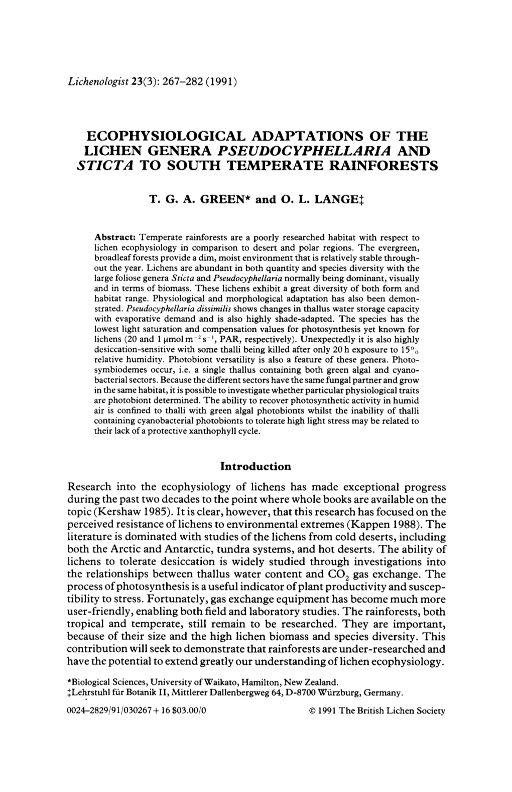 Ecophysiological Adaptations of the Lichen Genera Pseudocyphellaria and Sticta to South Temperate Rainforests