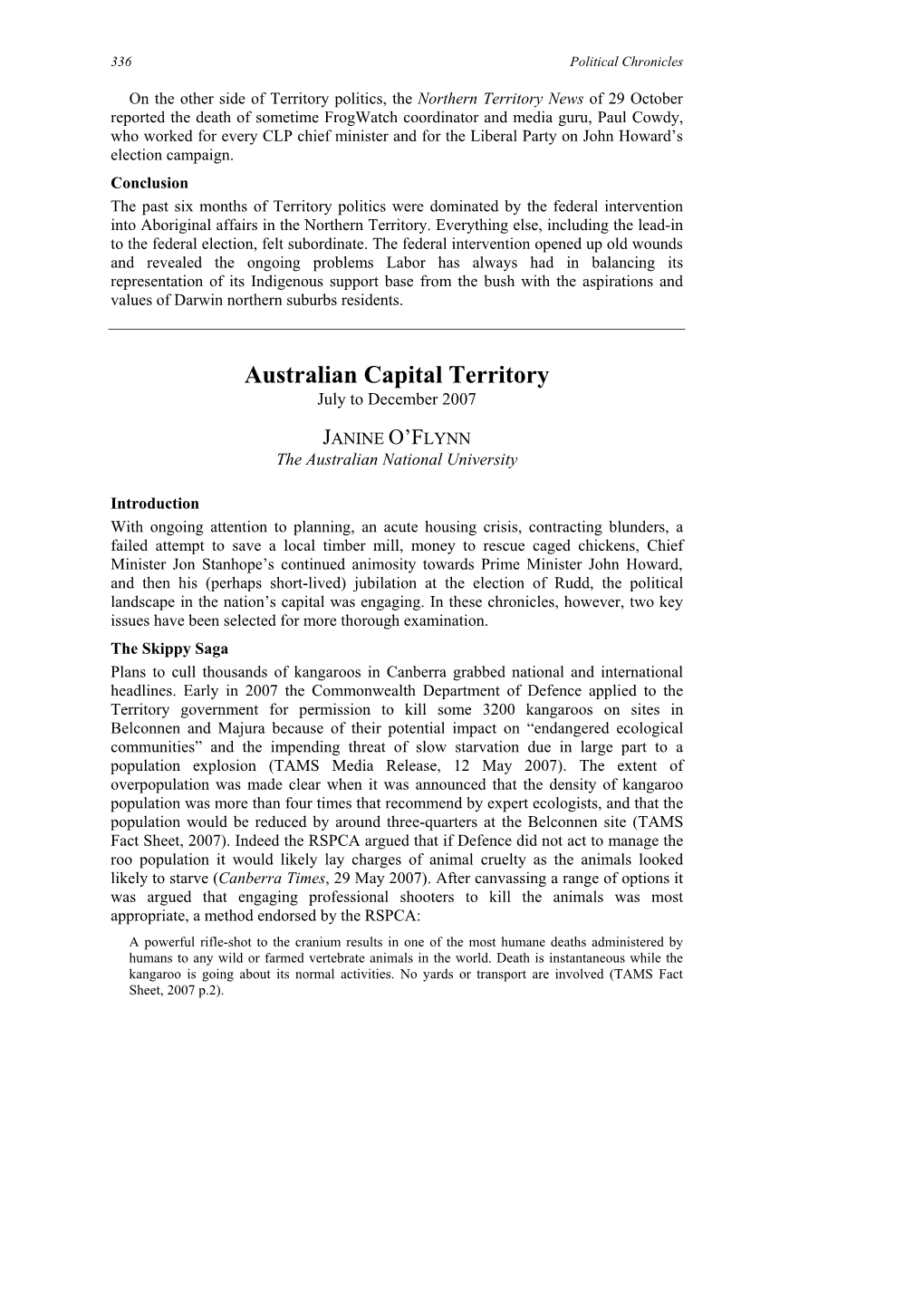 Australian Capital Territory July to December 2007