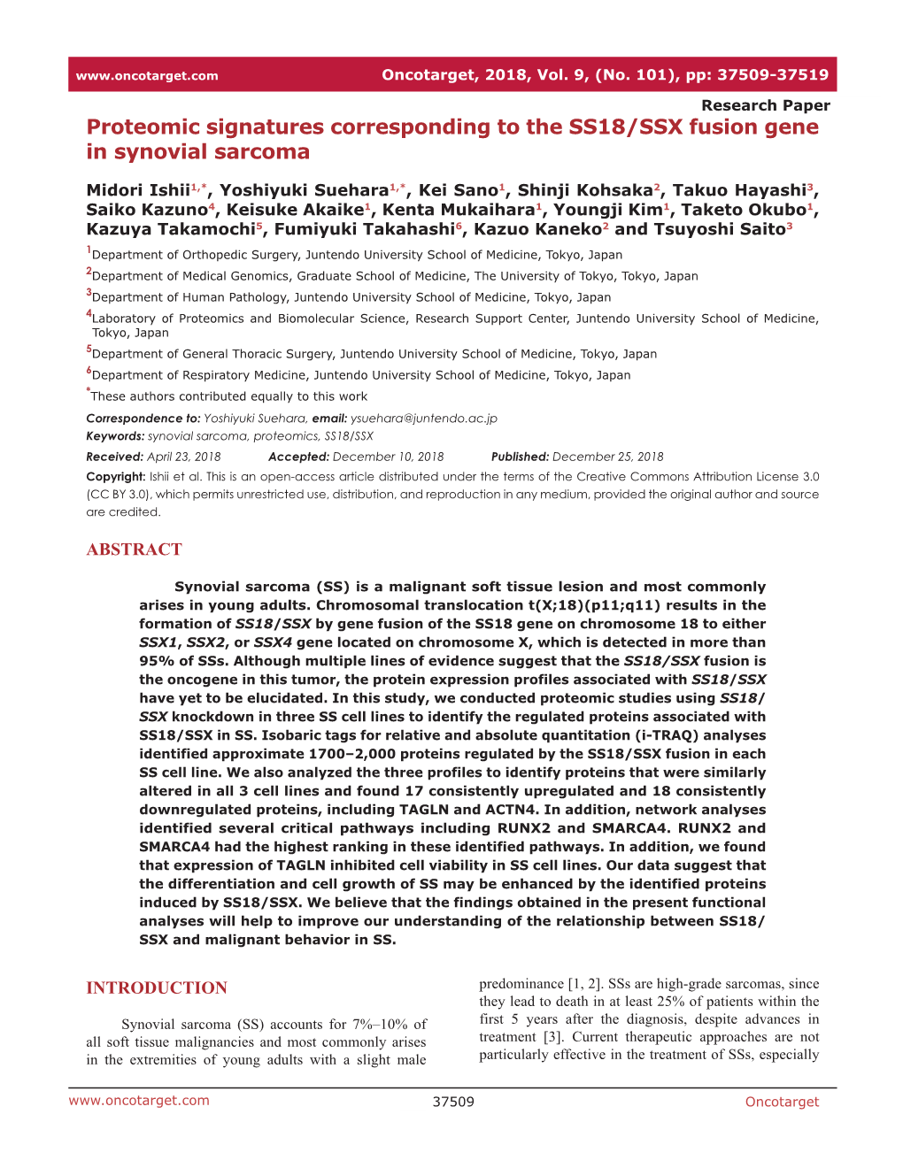 Proteomic Signatures Corresponding to the SS18/SSX Fusion Gene in Synovial Sarcoma