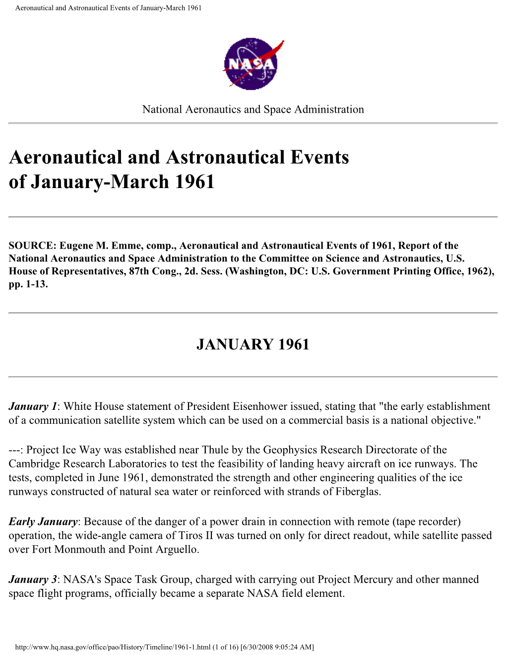 Aeronautical and Astronautical Events of January-March 1961