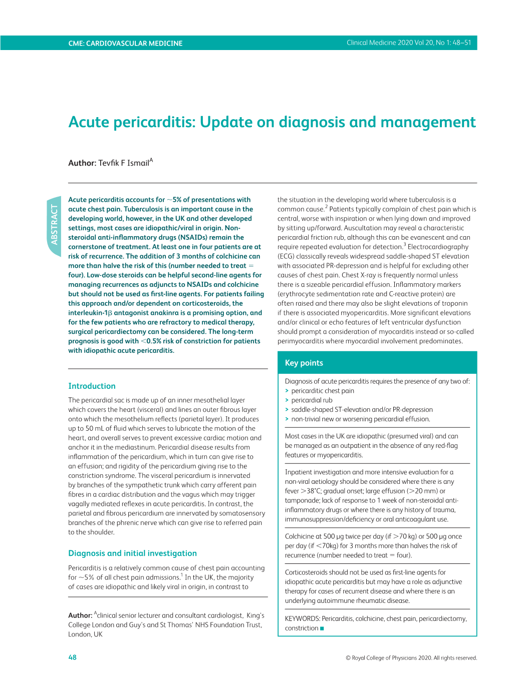 Acute Pericarditis: Update on Diagnosis and Management