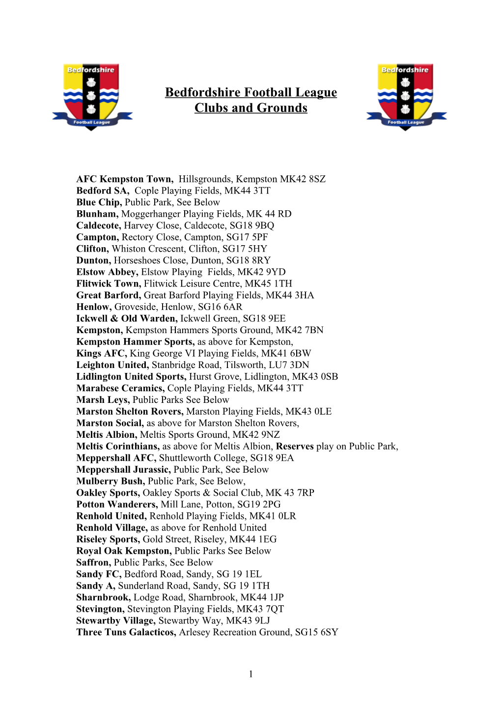 Bedfordshire Football League Clubs and Grounds