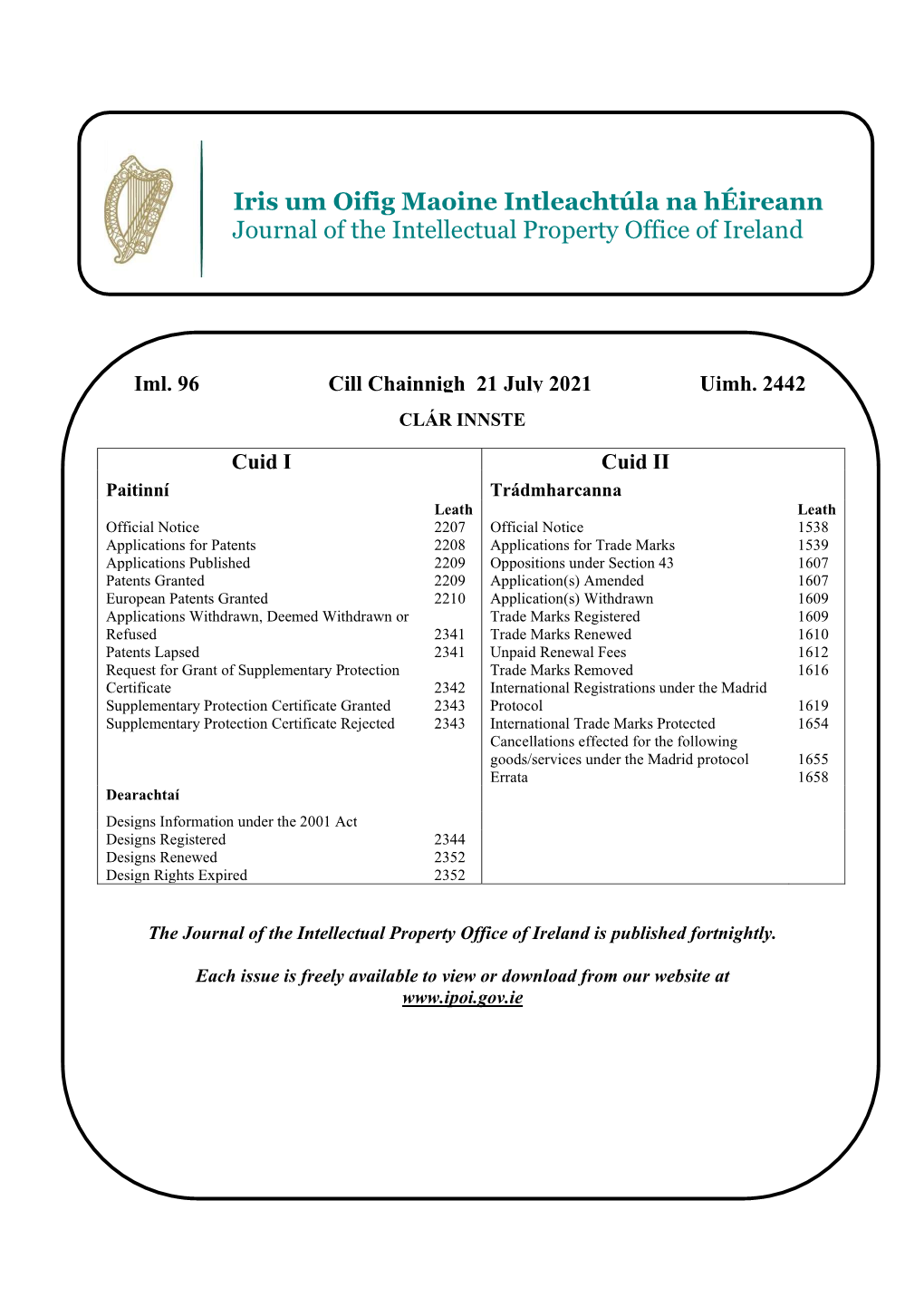 Iris Um Oifig Maoine Intleachtúla Na Héireann Journal of the Intellectual Property Office of Ireland