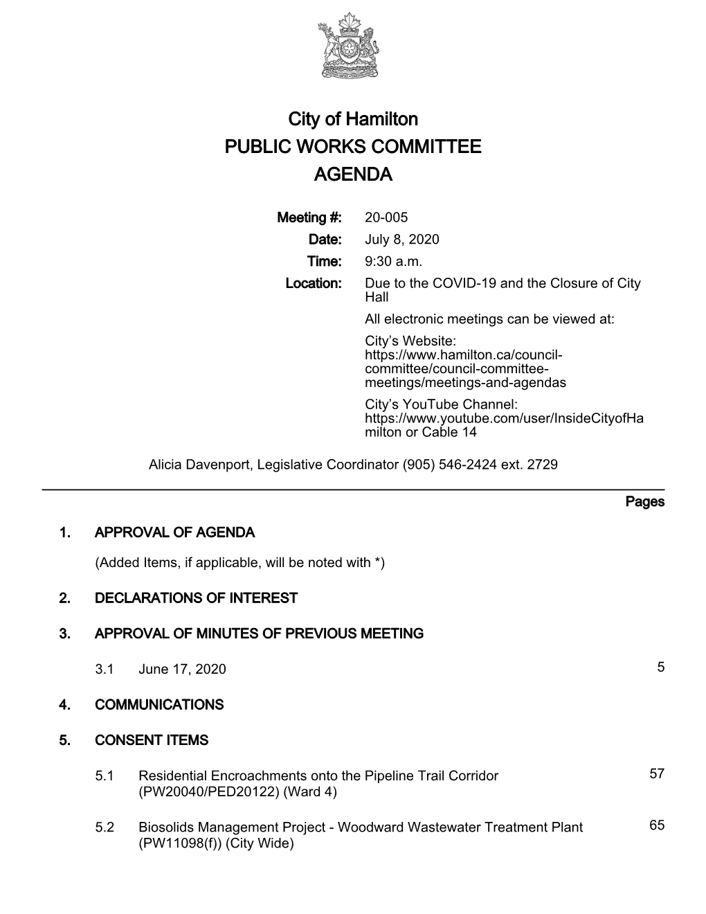 City of Hamilton PUBLIC WORKS COMMITTEE AGENDA