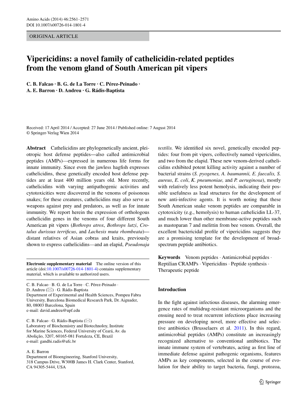 Vipericidins: a Novel Family of Cathelicidin‑Related Peptides from the Venom Gland of South American Pit Vipers