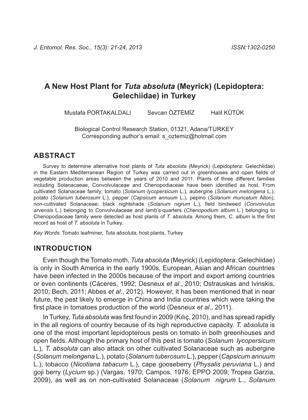 A New Host Plant for Tuta Absoluta (Meyrick) (Lepidoptera: Gelechiidae) in Turkey