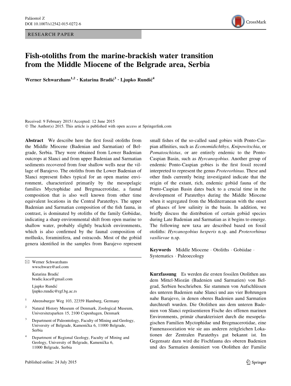 Fish-Otoliths from the Marine-Brackish Water Transition from the Middle Miocene of the Belgrade Area, Serbia