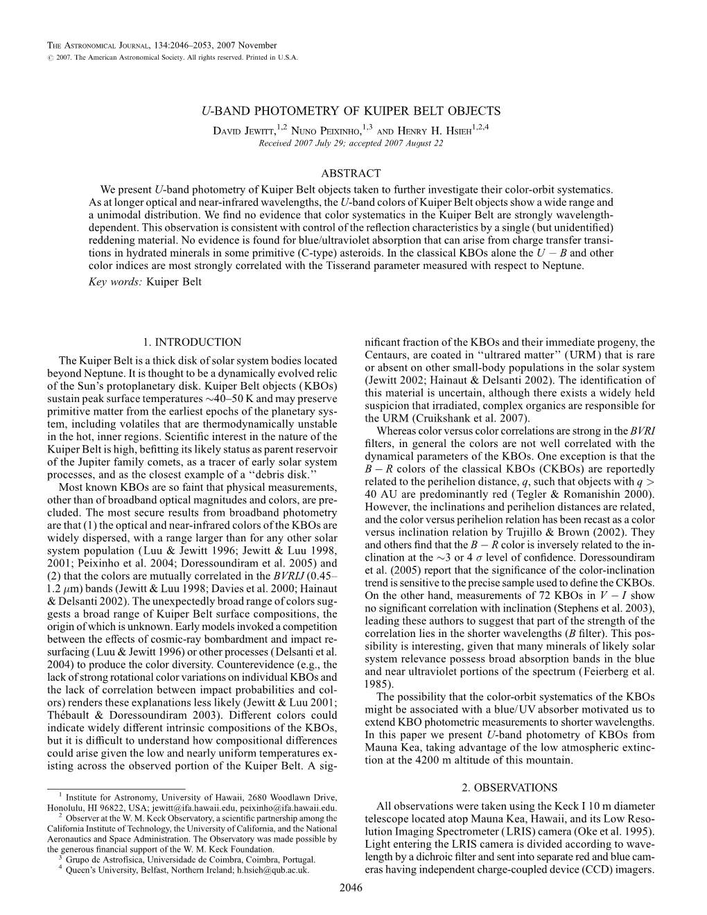 U-BAND PHOTOMETRY of KUIPER BELT OBJECTS David Jewitt,1,2 Nuno Peixinho,1,3 and Henry H