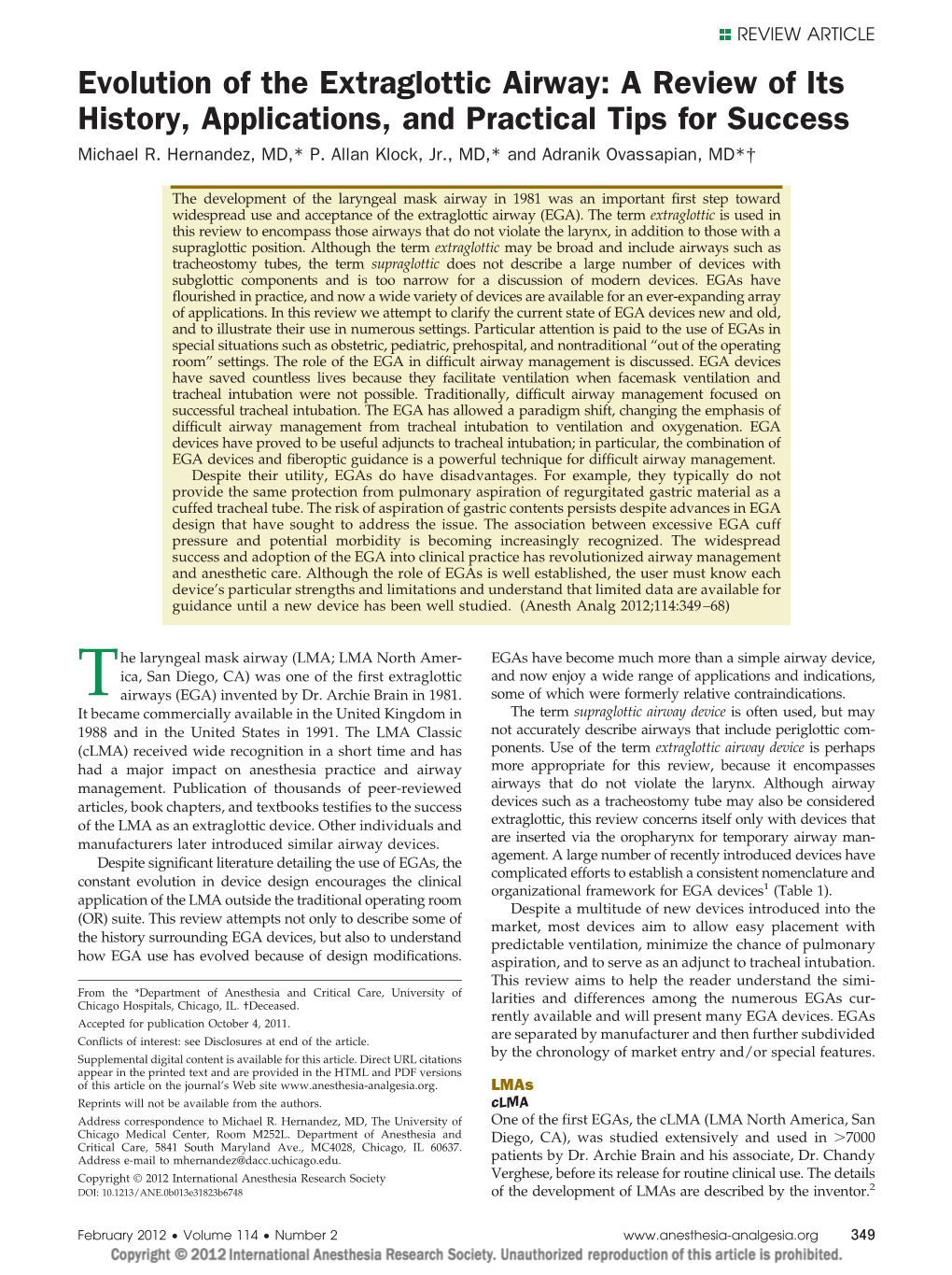 Evolution of the Extraglottic Airway: a Review of Its History, Applications, and Practical Tips for Success Michael R