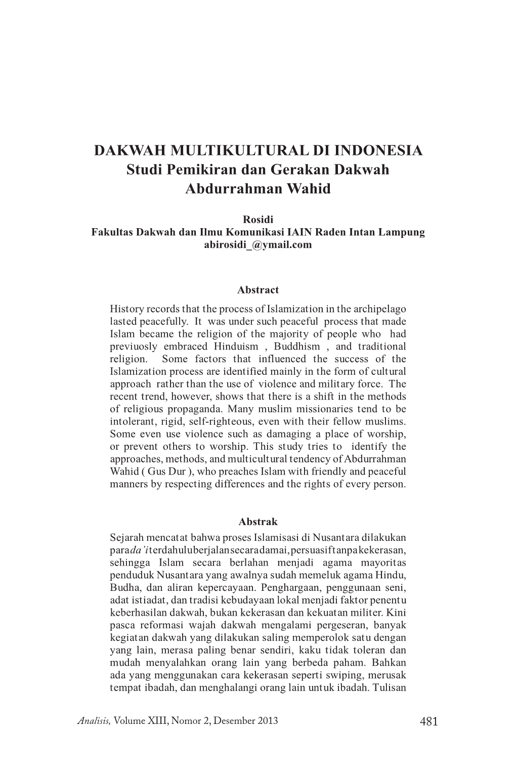 DAKWAH MULTIKULTURAL DI INDONESIA Studi Pemikiran Dan Gerakan Dakwah Abdurrahman Wahid