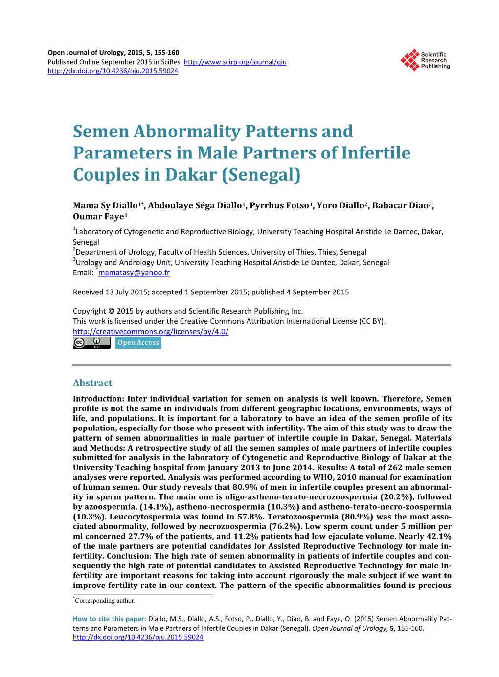 Semen Abnormality Patterns and Parameters in Male Partners of Infertile Couples in Dakar (Senegal)