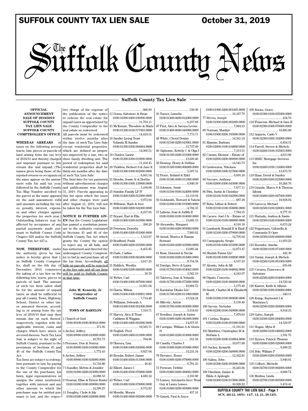 SUFFOLK COUNTY TAX LIEN SALE October 31, 2019