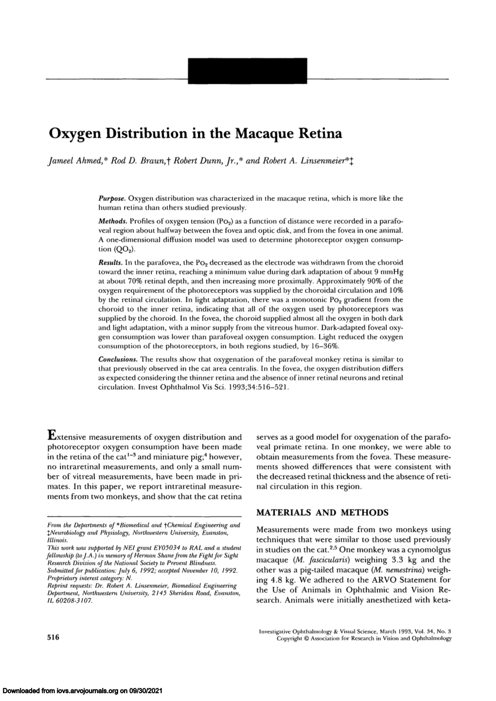 Oxygen Distribution in the Macaque Retina