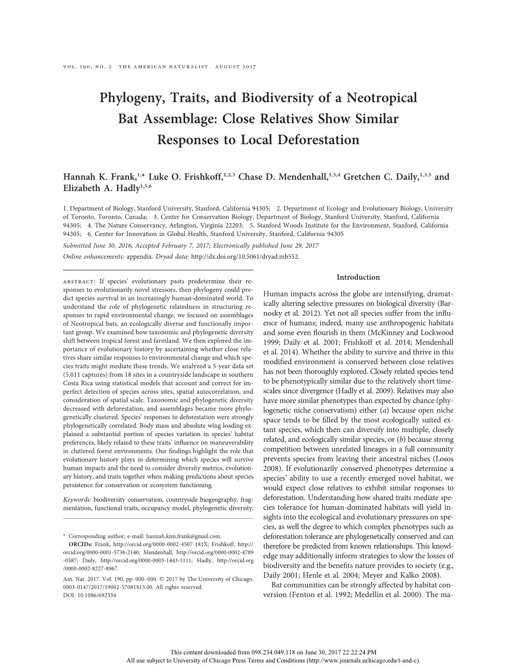 Phylogeny, Traits, and Biodiversity of a Neotropical Bat Assemblage: Close Relatives Show Similar Responses to Local Deforestation