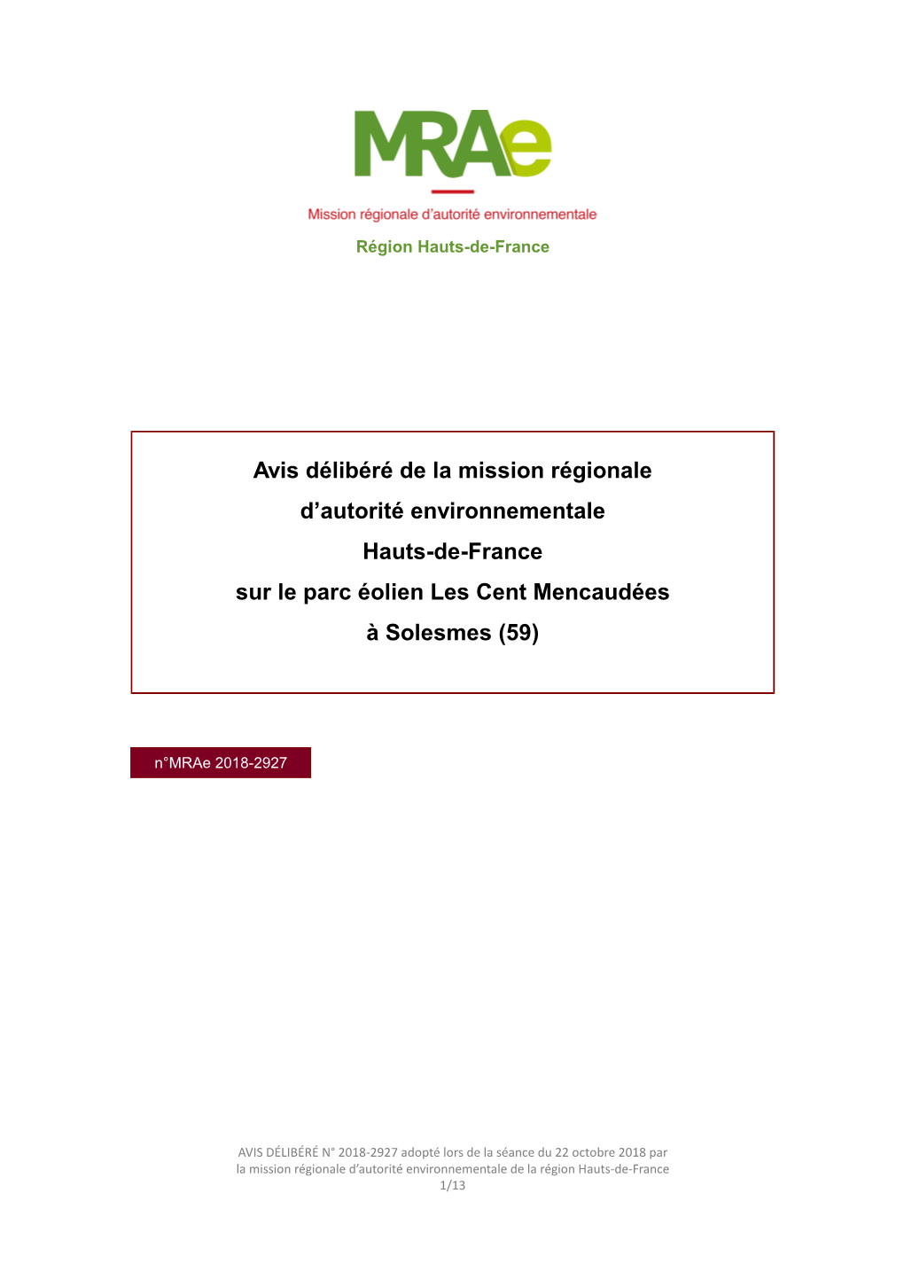 Avis Délibéré De La Mission Régionale D'autorité Environnementale Hauts