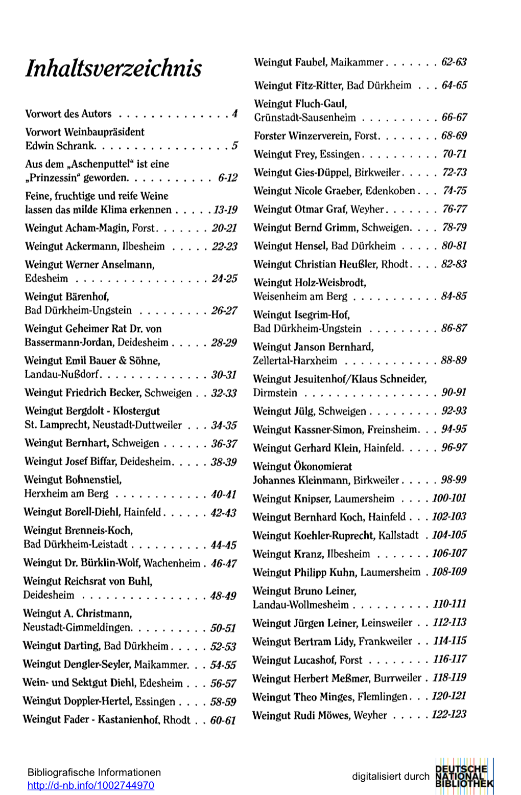 Inhaltsverzeichnis Weingut Faubel, Maikammer 62-63 Weingut Fitz-Ritter, Bad Dürkheim