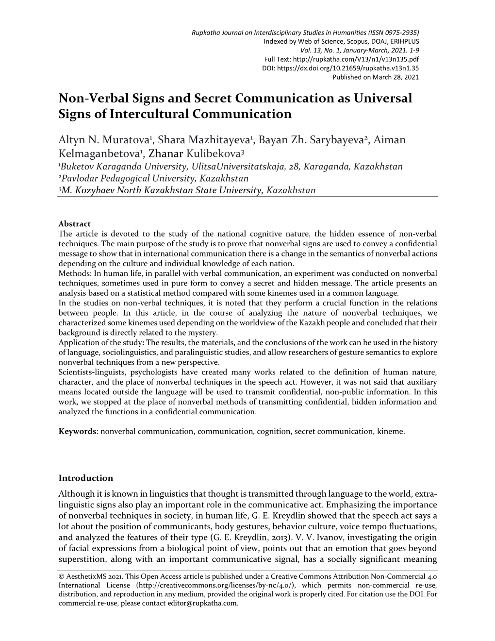 Non-Verbal Signs and Secret Communication As Universal Signs of Intercultural Communication