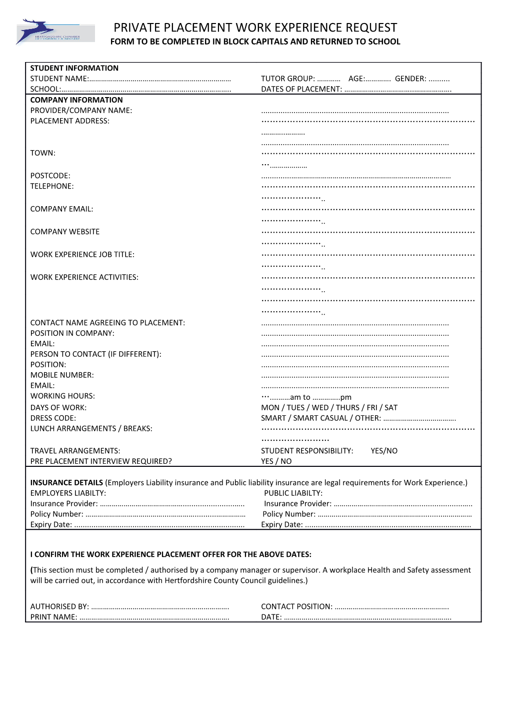 Form to Be Completed in Block Capitals and Returned to School