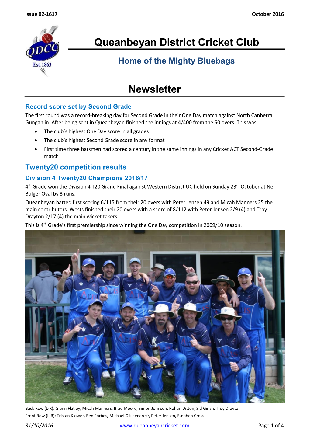 Newsletter Queanbeyan District Cricket Club