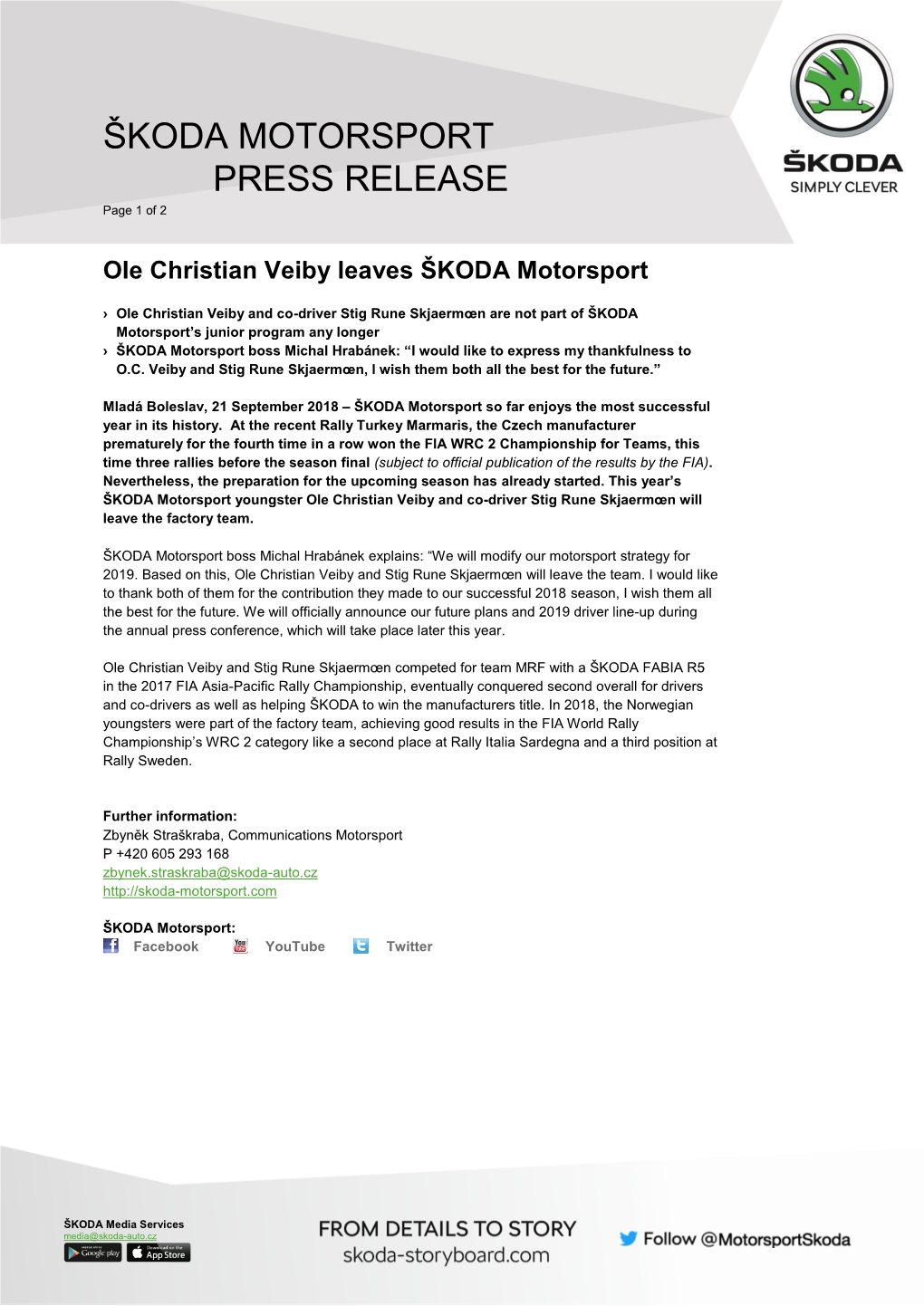 Ole Christian Veiby Leaves ŠKODA Motorsport