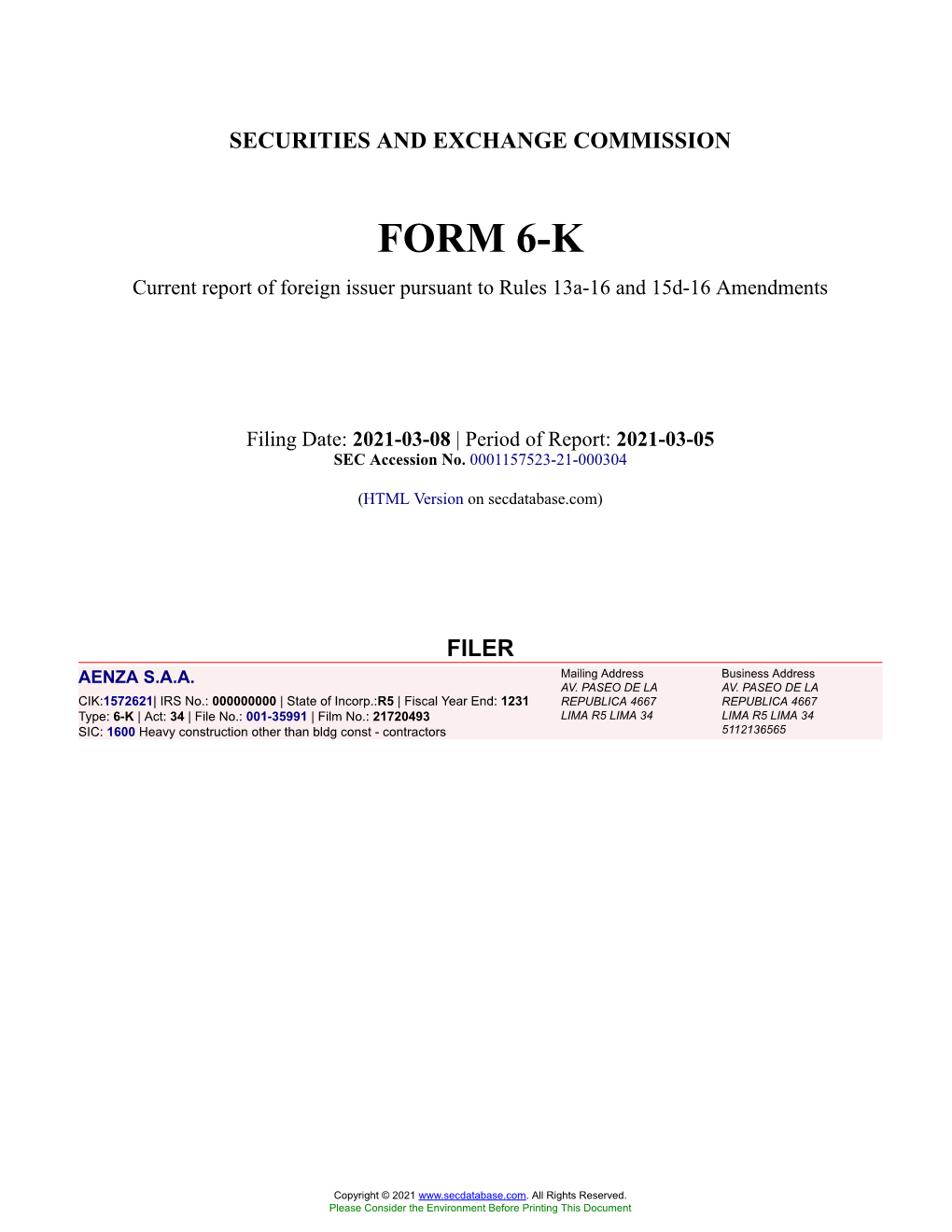 AENZA S.A.A. Form 6-K Current Event Report Filed 2021-03-08