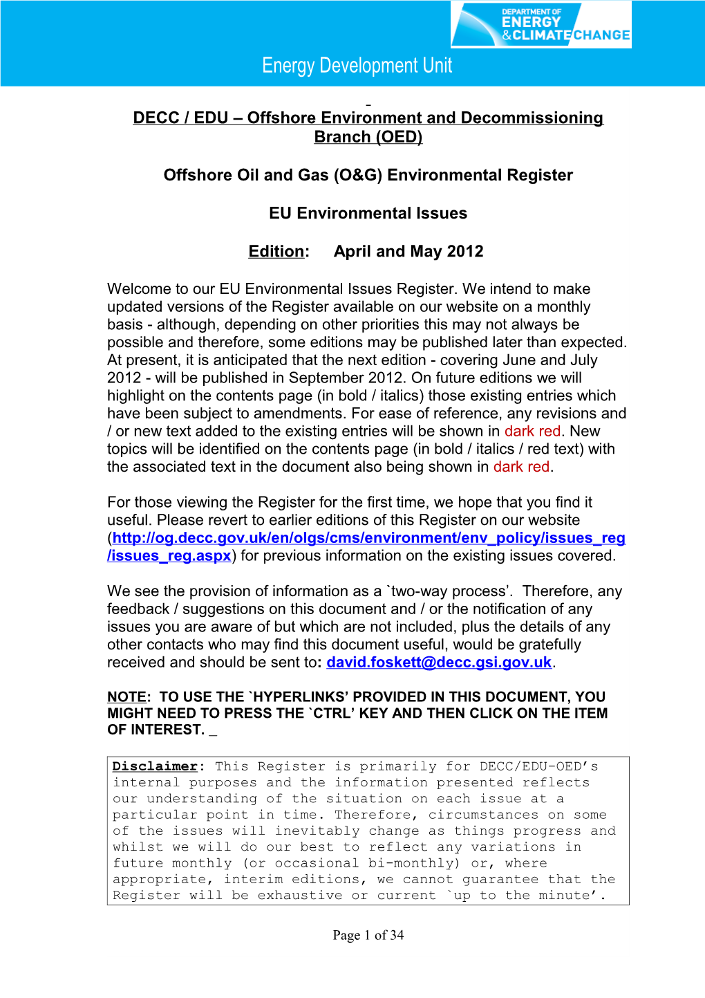 Offshore Oil and Gas (O&G) Environmental Register