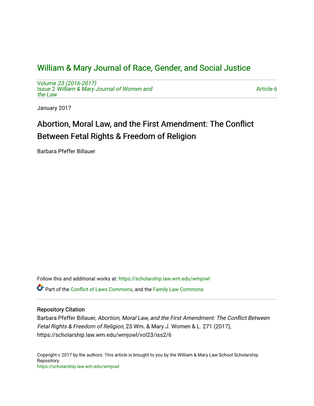 Abortion, Moral Law, and the First Amendment: the Conflict Between Fetal Rights & Freedom of Religion