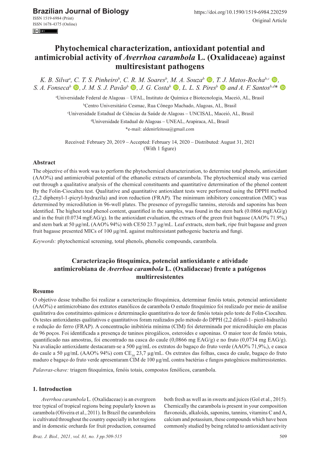 Phytochemical Characterization, Antioxidant Potential and Antimicrobial Activity of Averrhoa Carambola L