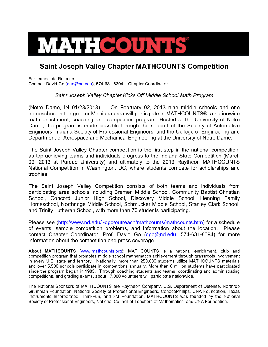 Saint Joseph Valley Chapter MATHCOUNTS Competition