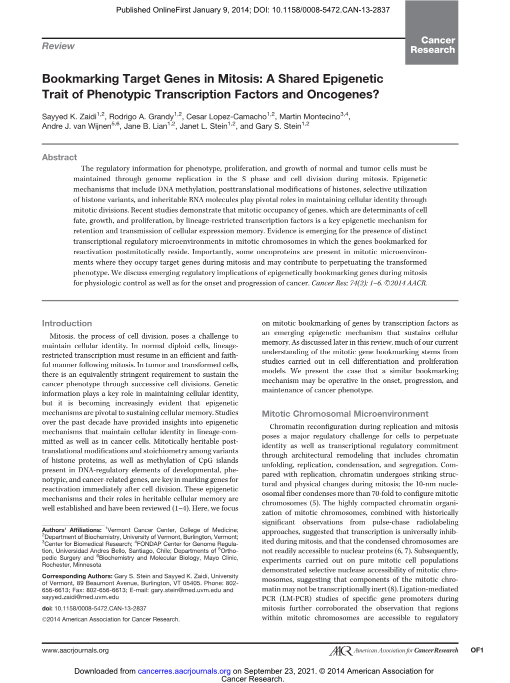 Bookmarking Target Genes in Mitosis: a Shared Epigenetic Trait of Phenotypic Transcription Factors and Oncogenes?