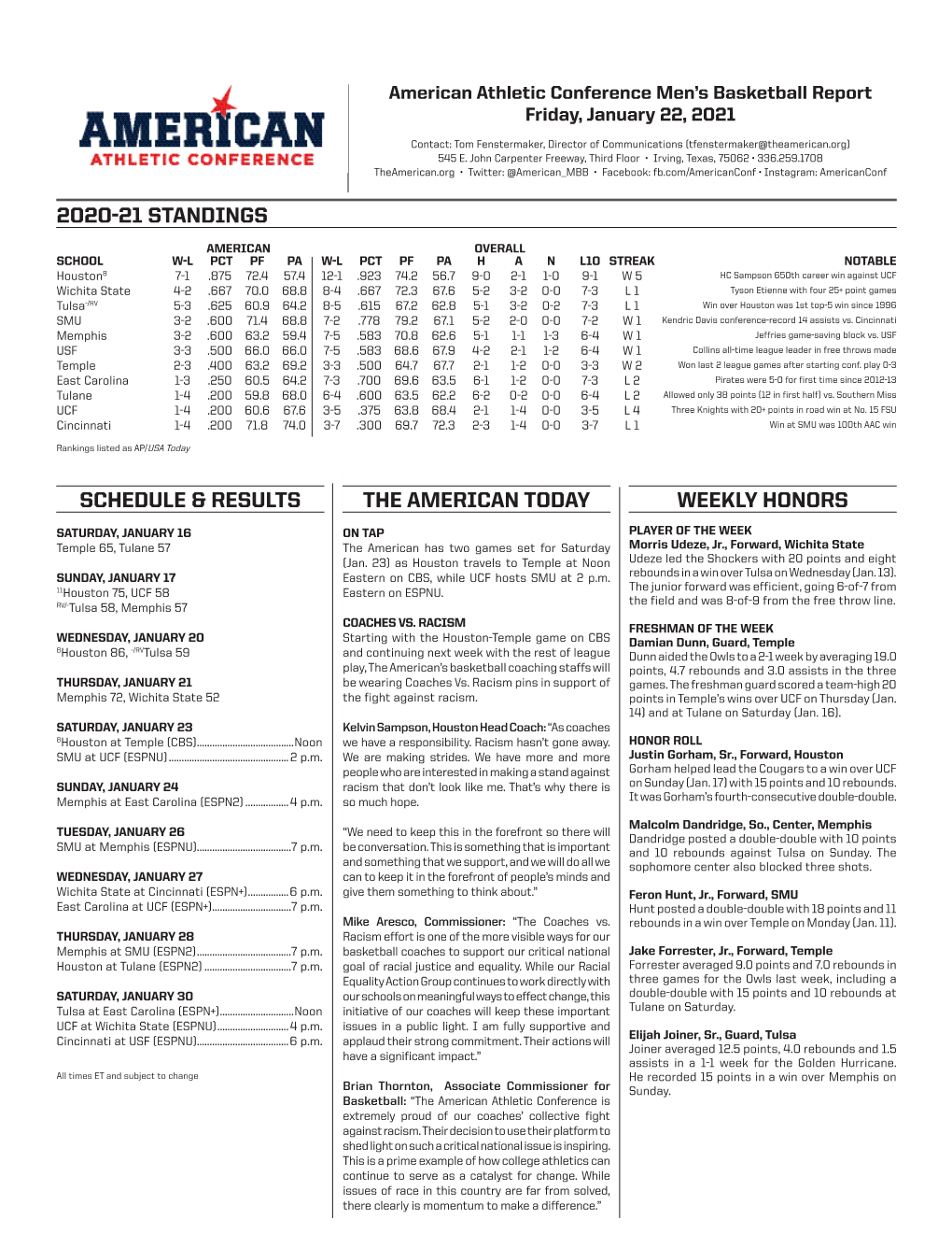 The American Today 2020-21 Standings Weekly Honors Schedule & Results