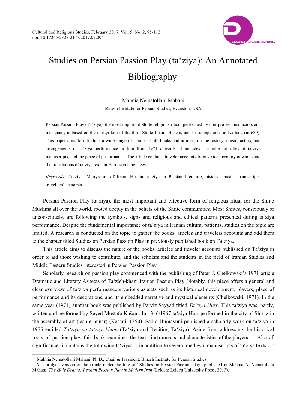 Studies on Persian Passion Play (Ta „Ziya): an Annotated Bibliography