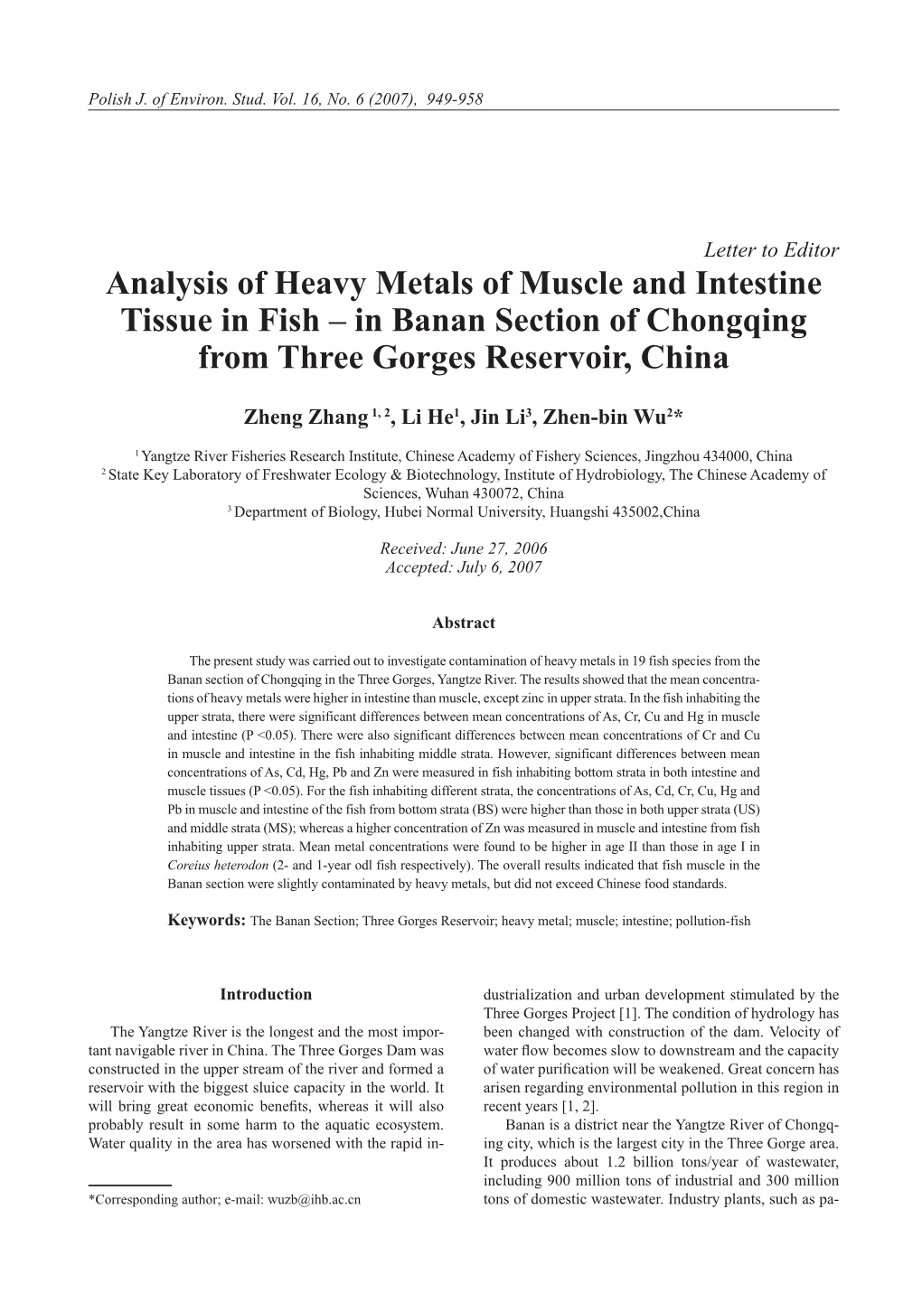 Analysis of Heavy Metals of Muscle and Intestine Tissue in Fish – in Banan Section of Chongqing from Three Gorges Reservoir, China