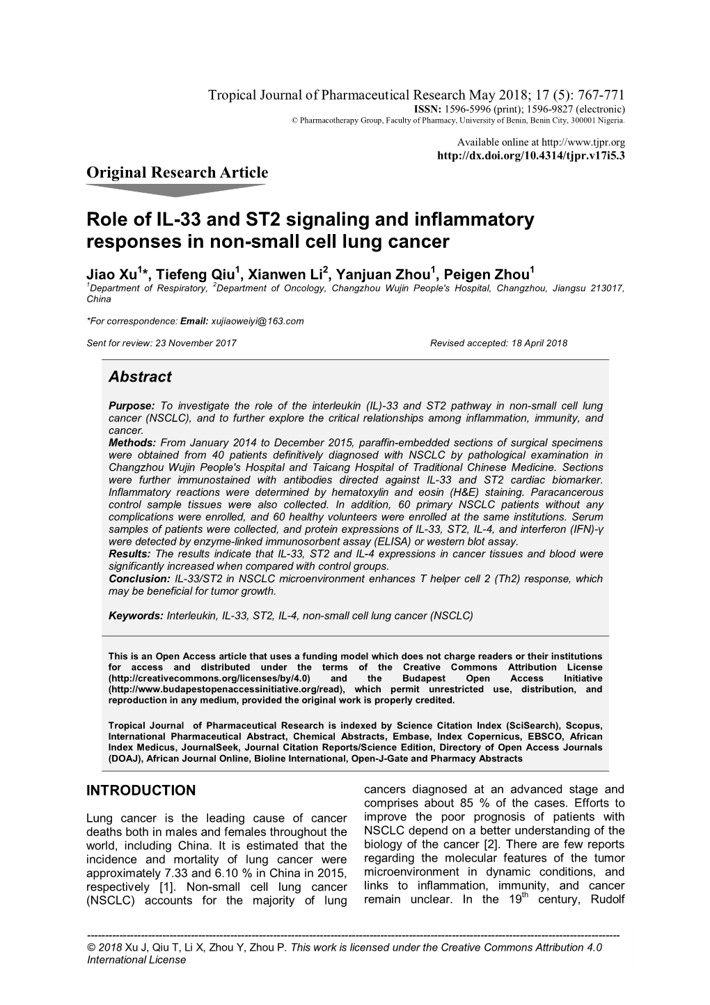 Role of IL-33 and ST2 Signaling and Inflammatory Responses in Non-Small Cell Lung Cancer