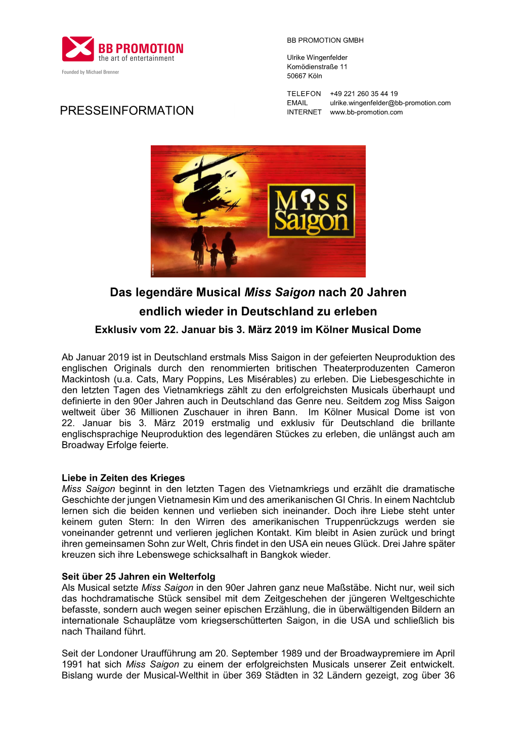 PRESSEINFORMATION Das Legendäre Musical Miss Saigon