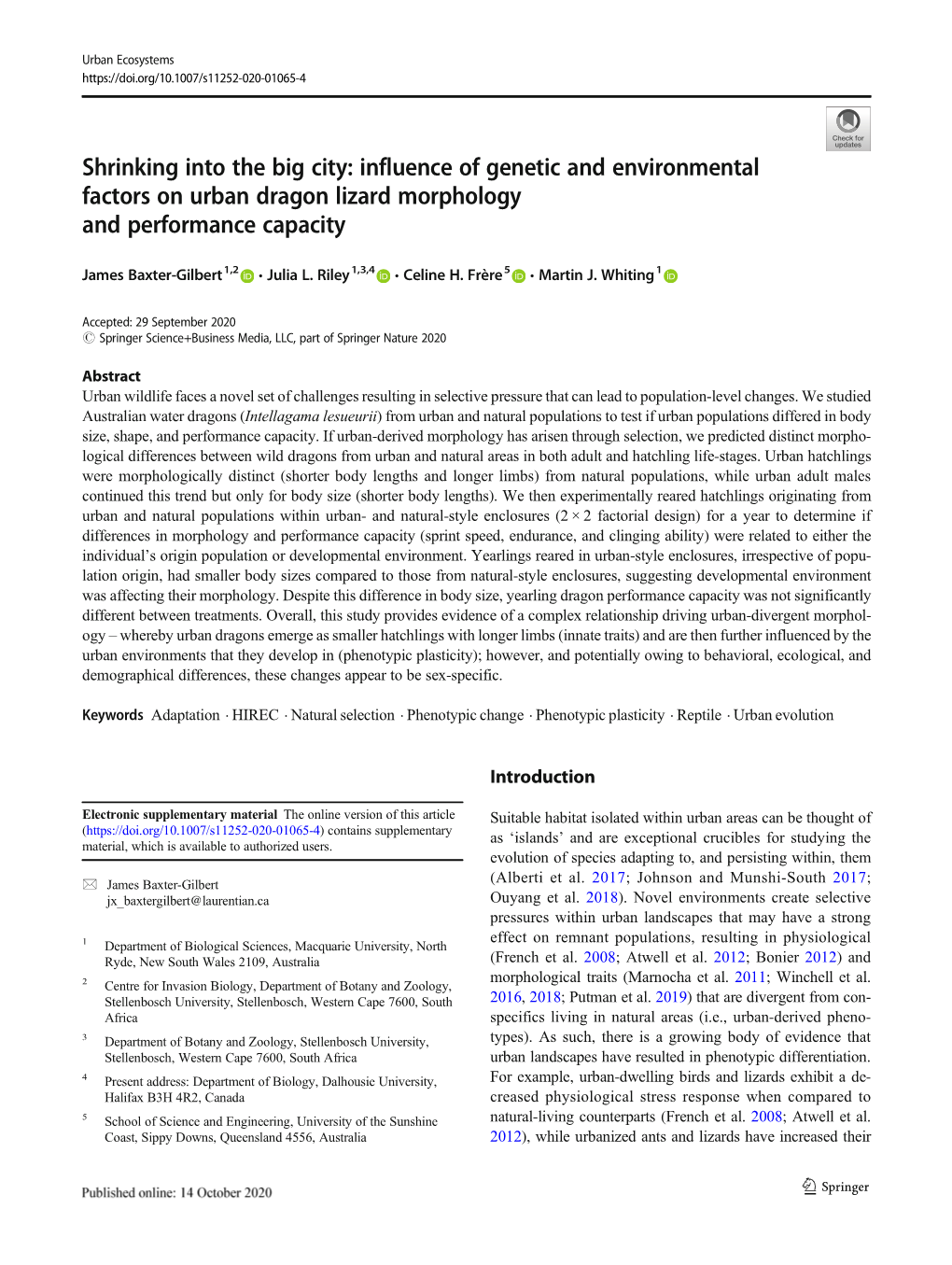 Shrinking Into the Big City: Influence of Genetic and Environmental Factors on Urban Dragon Lizard Morphology and Performance Capacity