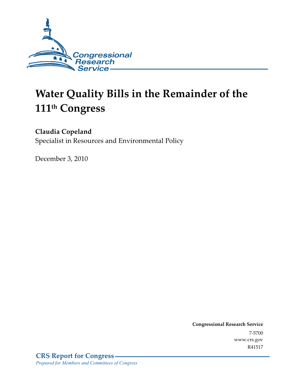 Water Quality Bills in the Remainder of the 111Th Congress