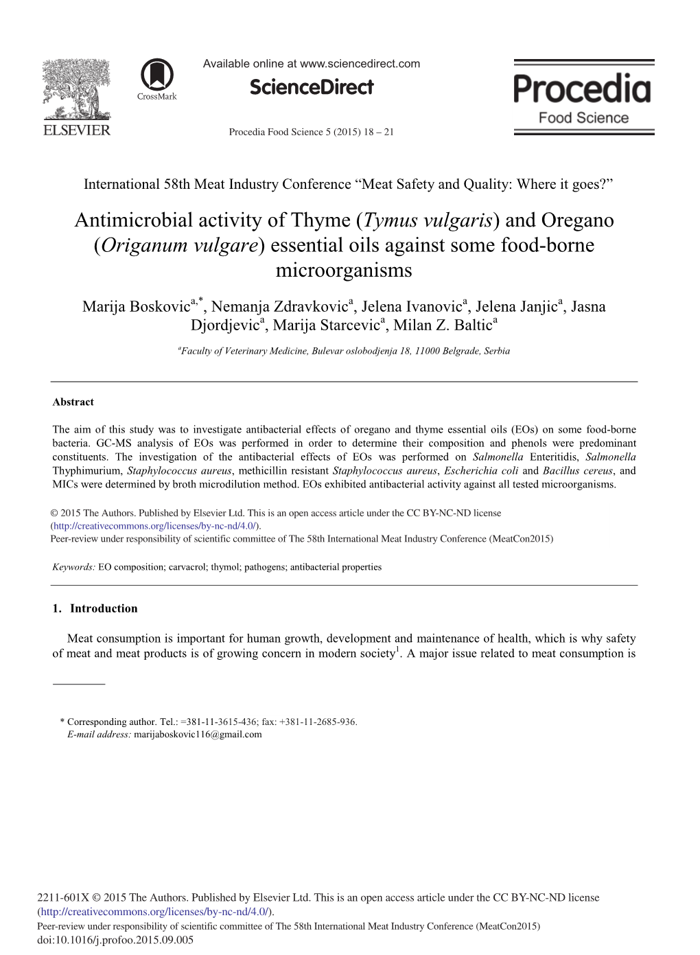 Antimicrobial Activity of Thyme (Tymus Vulgaris) and Oregano (Origanum Vulgare) Essential Oils Against Some Food-Borne Microorganisms