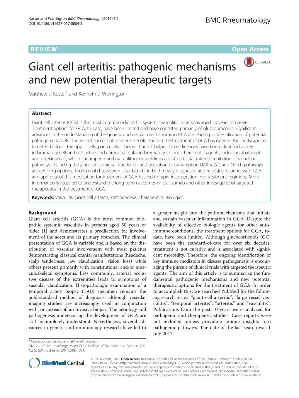 Giant Cell Arteritis: Pathogenic Mechanisms and New Potential Therapeutic Targets Matthew J