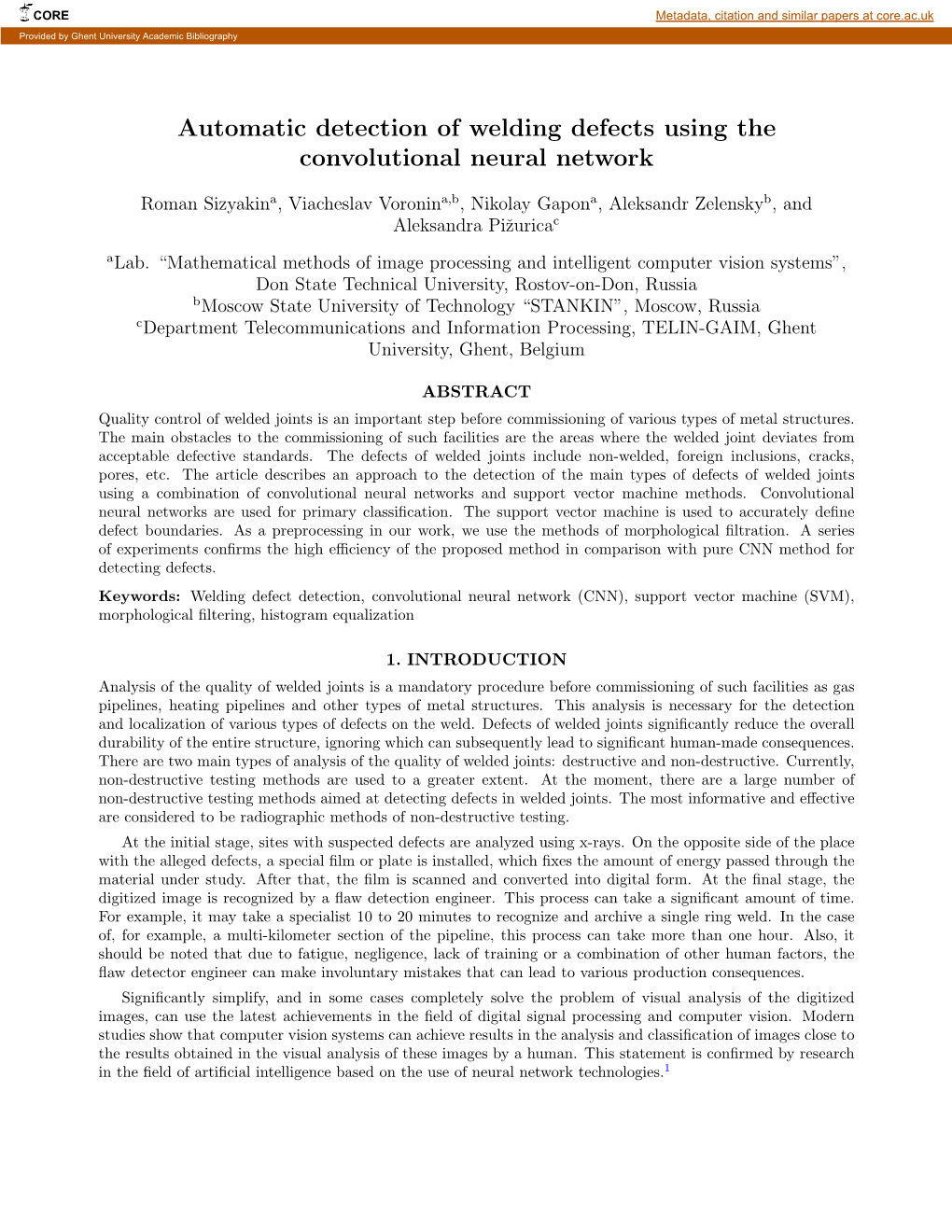 Automatic Detection of Welding Defects Using the Convolutional Neural Network