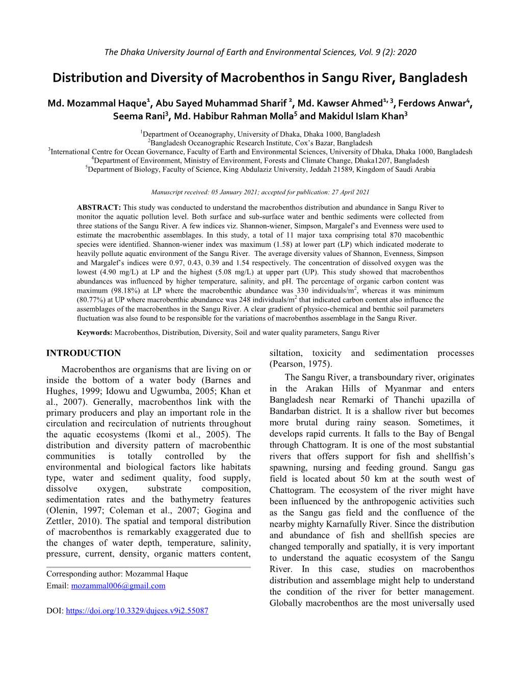 Distribution and Diversity of Macrobenthos in Sangu River, Bangladesh