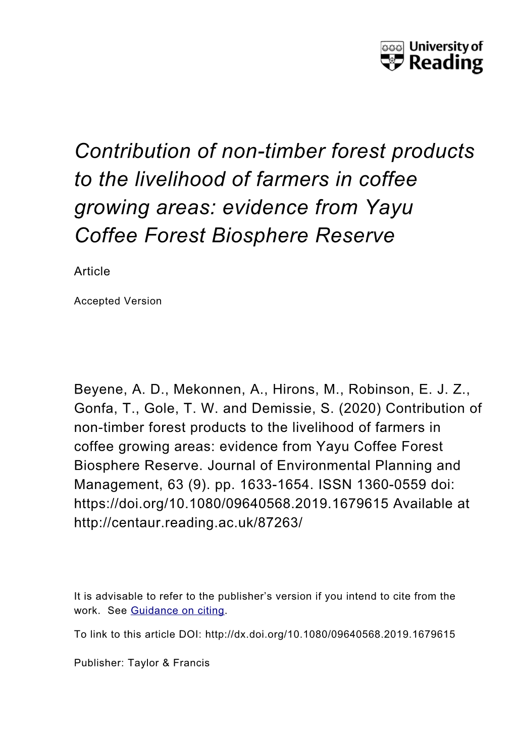 Contribution of Non-Timber Forest Products to the Livelihood of Farmers in Coffee Growing Areas: Evidence from Yayu Coffee Forest Biosphere Reserve
